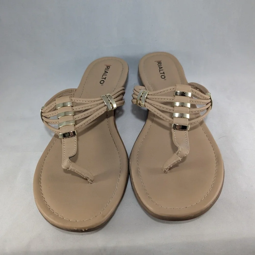 Rialto Women's Tan Thong Sandals‎ Embellished Gold Accents Flat Comfort Size 8.5